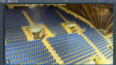 Desktop Oberfläche der AVIOTEC-Steuerung bei einem Test mit Rauchentwicklung in der Eissporthalle Davos, Blick auf die leeren Zuschauerränge